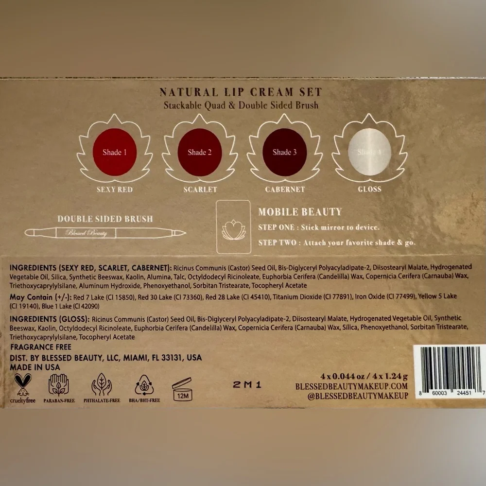 Natural Lip Cream Set by Blessed Beauty Stackable Magnetic - Goddess Reds